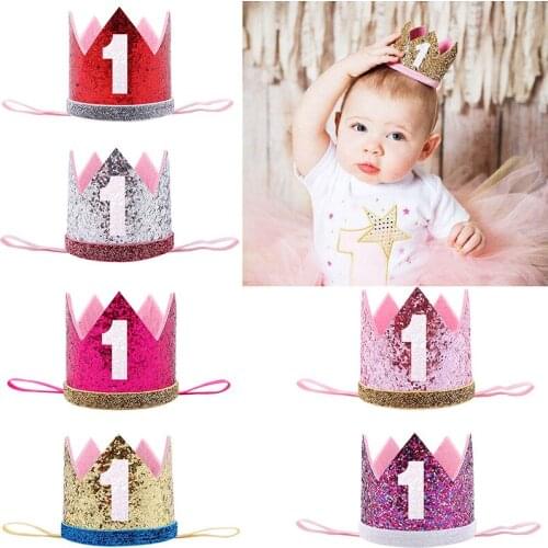 Cute Kids 1st Birthday Decor Party Supply Silver Birthday Crown Party Hats Kids Cute Girl Boy One Year Princess Crown Headband