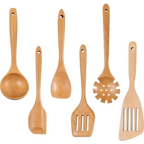 6Pcs Wooden Kitchen Utensils Set Non-Stick Slotted Spatula Spoon with Long Handle Cookware Cooking Tools for Pasta Salad Soup