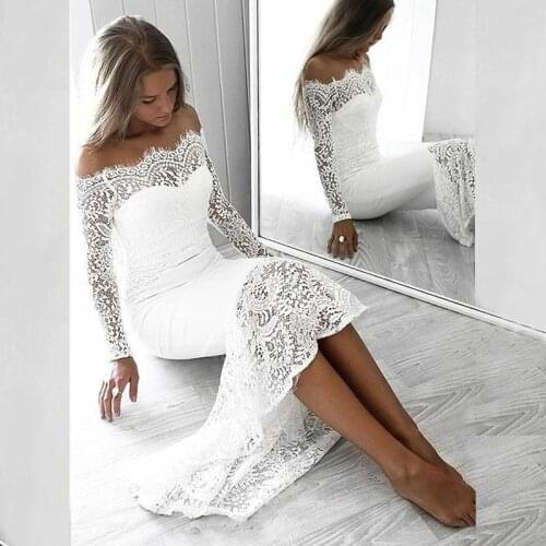 2021 New Graceful White Lace Long Sleeve Bridal Wedding Gowns Off Shoulder Bateau Neck High Low Wedding Dresses for Bride Slim