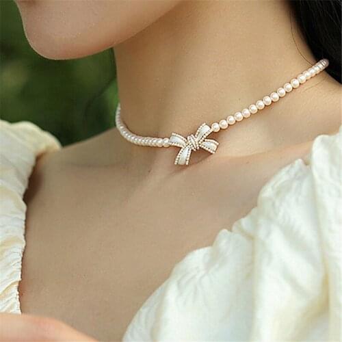 2021 New Bowknot Pearl Necklace For Women Delicate Fashion Jewelry Elegant Choker Collares Gifts