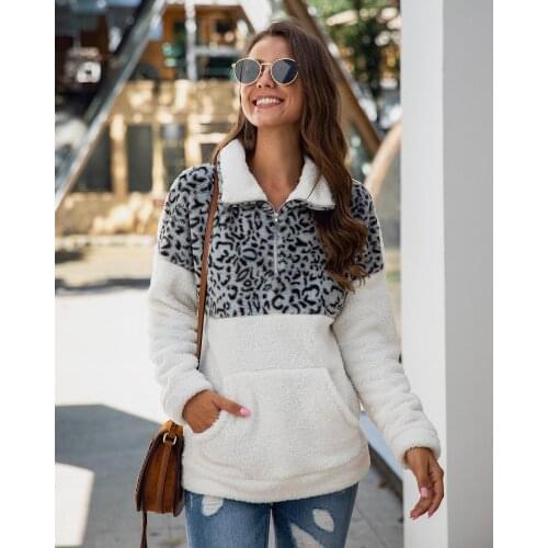 Autumn Winter Fluffy Sweater Leopard Patchwork Zip Pockets Fleece Casual Plus Size Winter Pullover Women Oversized Sweater