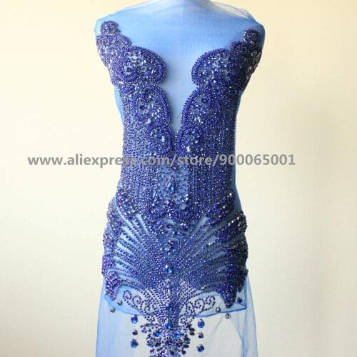 Handmade Full bodice Royal blue Rhinestones applique Large bodice patches trimming motif for women Dress Fabric Gown Prom