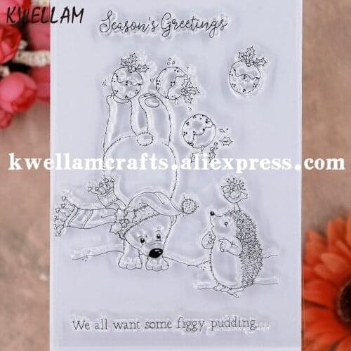 Merry Christmas Seasons Greetings Bear Bell Hedgehog Scrapbook photo cards rubber stamp clear stamp transparent stamp KW9112545