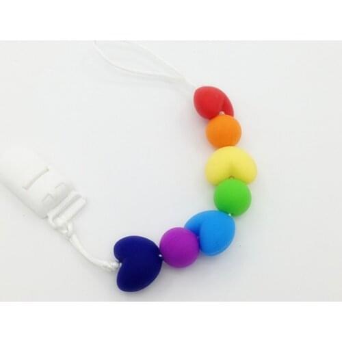 Silicone rainbow heard clips Silicone baby Teething pendant silicone Teething Pacifier Clip with heart beads wholesale