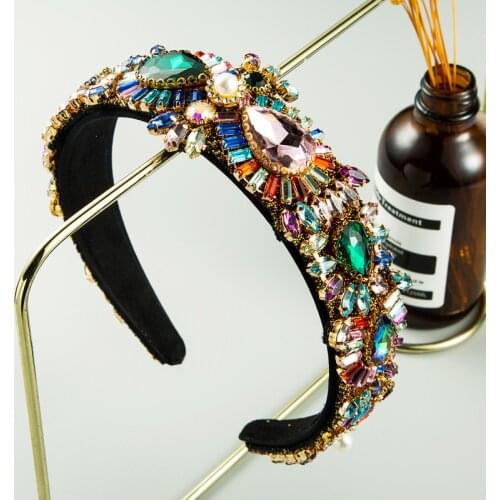 Vintage Luxury Bling Big Rhinestone Headband Full Crystal Colorful Diamond Pearl Hair Band Headwear Women Party Hair Accessories