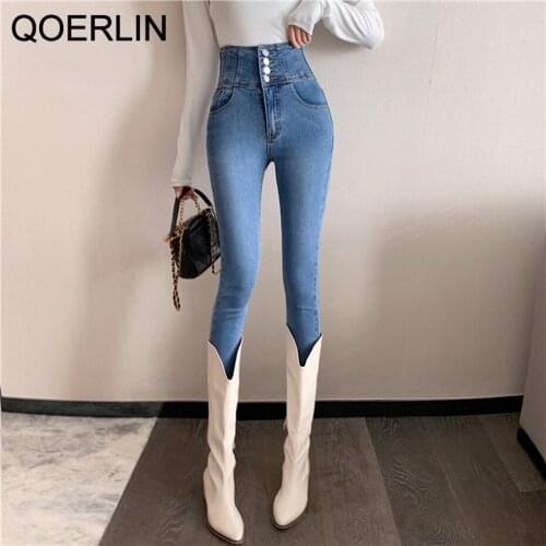 QoerliN Vintage Warm Fleece Jeans Women Skinny Breasted Button Up High Waist Stretch Pants Trousers Chic Black Jeans Pants Plus