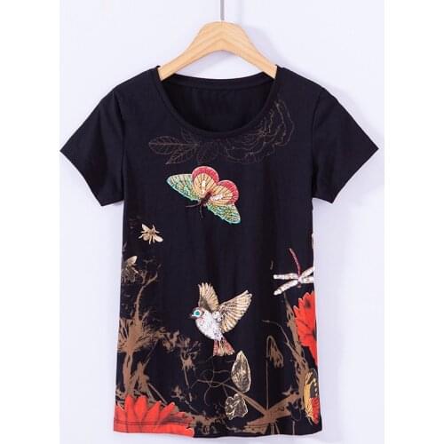 Hot Sale New 2021 Summer Womens Fashion Slim O Neck Short Sleeve Rhinestone Beading Floral Printing T Shirt Tops Female Shirts