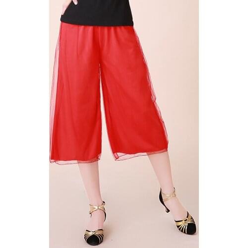High Waist Square Dance Womens Pants Milk Shreds Dance Culottes Cropped Mesh Classical Dance Dancing Flared Wide Leg Pants