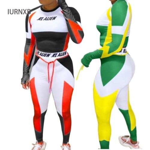 Women Sportswear 2Piece Sets Letter Print Patchwork Long sleeves Pullover Tops+Drawstring Leggings Suits