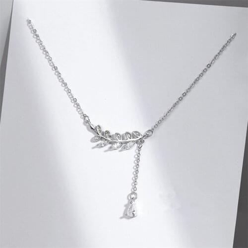 925 Sterling Silver Necklace For Women Crystal Tassel Leaf Water Drop Charm Pendent Elegant Party Jewelry dz615