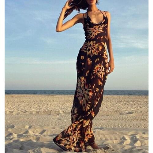 Sexy Asymmetrical Collar Backless Print Sling Dress Woman Vintage Spaghetti Strap Maxi Skinny Floor Length Party Dress A410