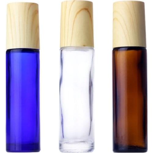 10ml Clear Glass Roll on Bottle Steel Beed Wood Grain Cover Essential Oil Bottles Cosmetic Refillable Packaging Container 30pcs
