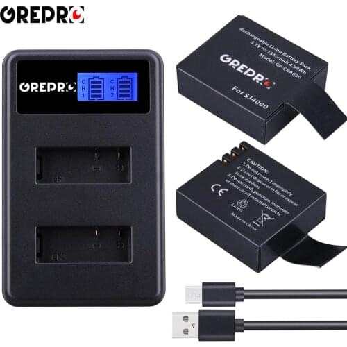2Pcs 1350mAh PG1050 SJ4000 PG900 battery + LCD Dual charger for SJCAM SJ5000 SJ6000 SJ8000 M10 EKEN 4K H8 H9 GIT-LB101 GIT BA