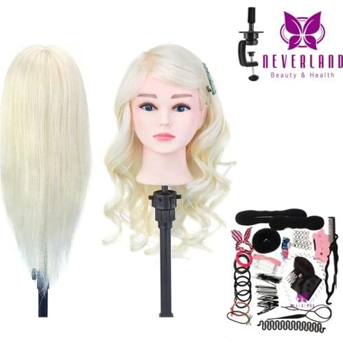 20'' 100% Real Human Hair Hairdressing Training Head for Barber White Hair Curling Practice Dummy Doll Mannequin Head+ Gift