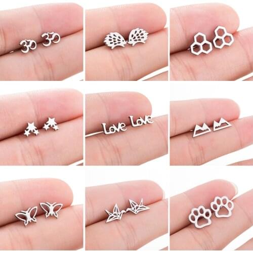 Hfarich Stainless Steel Motorcycle Honeycomb Star Mountain Butterfly Crane Paw Hedgehog Love Earrings For Women Girls Christmas