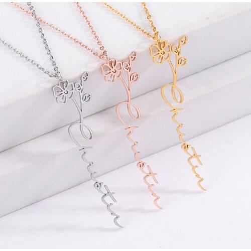 Dainty Name Necklace with Birth Flower Dangle Floral Name Necklace Mothers Day Gift Christmas Gift for Her Bridesmaids Gifts