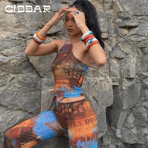 CIBBAR Printing Halter Two Piece Set Women Sleeveless Crop Top And Skinny Flare Pants Matching Suits Female Retro Street Outfits