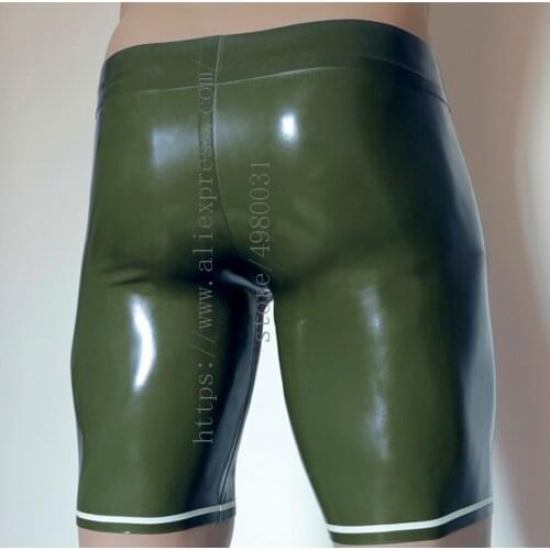 Army green latex underwear mens latex pants decoratived with white trims no zipper