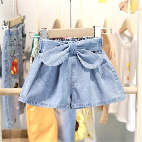 Summer Fashion baby Girls Soft Denim Short with Bow Jeans Pants Baby Casual Trousers Kids Shorts Childrens Clothing For 24M-7T