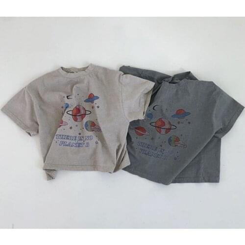 Lunoakvo Summer New Family Matching Outfits Planet Print Short Sleeve Tees for Mom and Kids Loose Casual Girls Tops