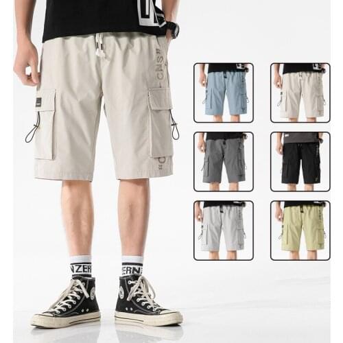 Summer Trend Cargo Shorts Men High Street Brand Mens Wild Loose Pants Fashion Knee Length Drawstring Print Casual Shorts Male