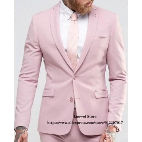 Mens Suits Fashion Pink Slim Fit 2 Piece Set Casual Wedding Grooms Tuxedo Business Blazer Costume Ensembles Homme (Jacket+Pants)