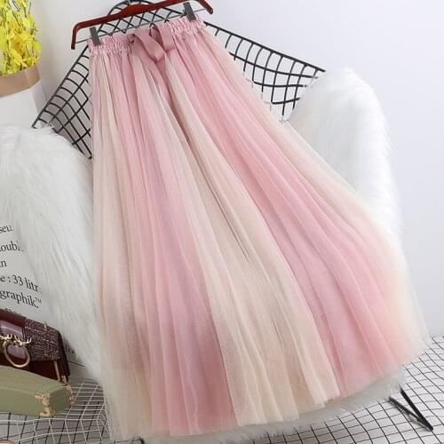 Autumn Women Mesh Swing Skirt Ladies Fashion Elastic High Waist Patchwork Color Layer Pleated Mid-Skirt Soft A-line Skirt