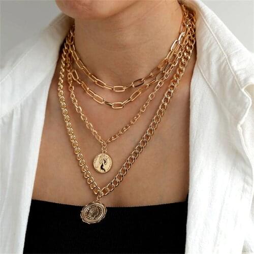 VKME Punk Multilayer Thick Chain Necklace For Women Necklace Coin Avatar Pendant Necklaces Bohemian Jewelry Party Gift