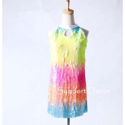 Girls Sequin Latin Dress Women Colorful Gradual Change Jazz Contemporary Performance Costume Support Dance C321