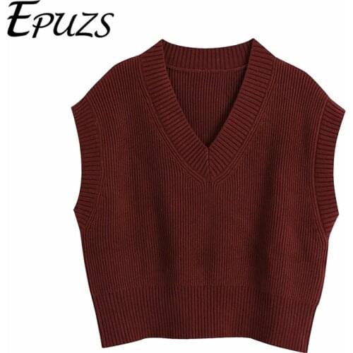 Vintage V-Neck Sleeve Oversize Khaki Knitted Sweater 2020 Za Women Casual Loose Chic Top Lady Elegant Warm Pullover Vest