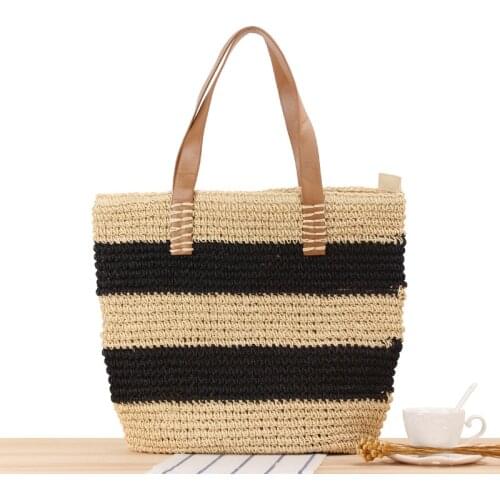 2021 Black And White Stripe Straw Bag For Women High Capacity PU Handle Tote Summer Beach Bags Causal Shopping Bag With Zipper
