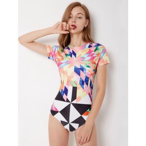 Womens Short Sleeve Rash Guard UV UPF 50+ Sun Protection Geometric Printed Back Zipper Surfing One Piece Swimsuit Bathing Suit