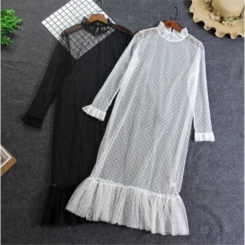 Women Spring Autumn Mesh Dress Ladies Casual Sexy Elegant Party Beach Lace Dot Printed Loose Transparent Black White Dresses 401