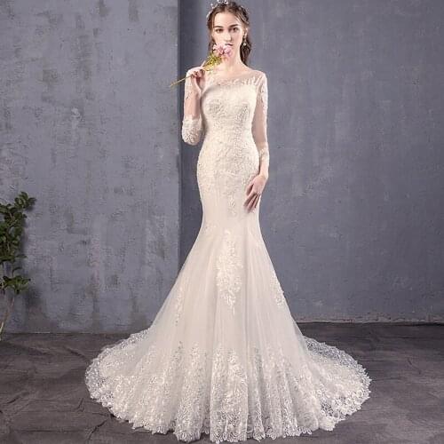 New wedding dress Long Sleeves Slim Fish Short Train Lace Bride wedding dress women vestidos de noiva 2021