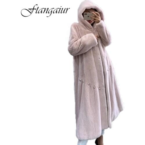 Ftangaiur 2021 Winter Import Velvet Mink Fur Coat Turn-Down Collar pearl Mink Coat Women X-Long Natural Real Mink Fur Coats
