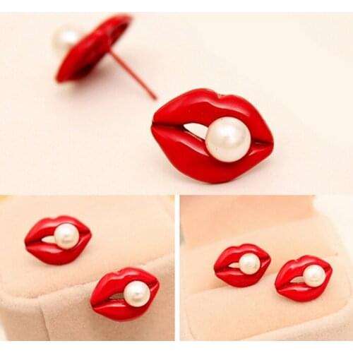1Pair Red Mouth Love Sexy Pink Lips Rhinestone Simulated Pearl Earrings Female Jewelry Factory Outlets