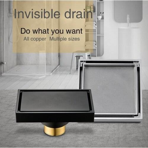 10x10cm Solid Brass Square Bathroom Shower Floor Drain Tile Insert Invisible Water Filter Black Gold Silver Nickel Brushed
