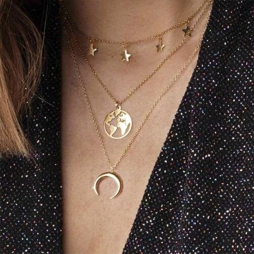 Bohemian Style Star Crescent Chain Pendant Necklace Womens Creative Gold World Map Pendant Lady Fashion Party Jewelry Girl Gift