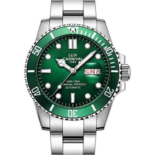 Carnival Men Classic Dual Calendar Steel Watchband Waterproof Luminous Automatic Self-Wind Mechanical Watch With Rotation Bezel