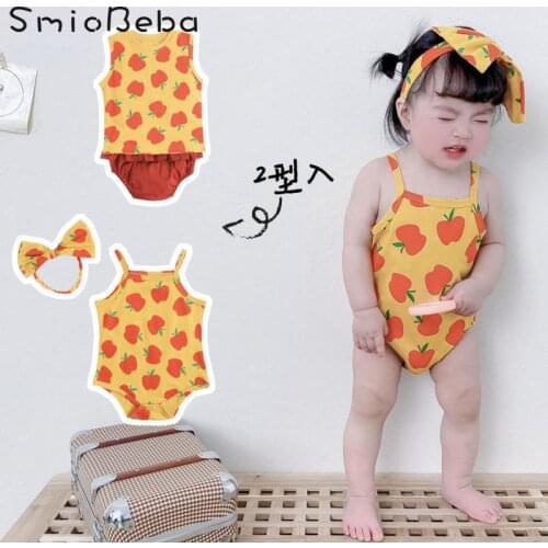 Baby Bodysuit Cartoon Summer Girls Clothes Cotton Sling Newborn Climbing Two Pieces Suit Korean Infant Apple Pattern Kids Outfit
