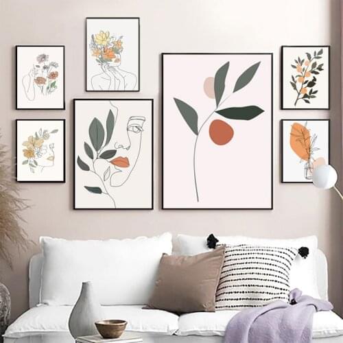 Home Decor Abstract Flower Woman Face Line Orange Wall Art Canvas Painting Nordic Posters Prints Wall Pictures for Living Room