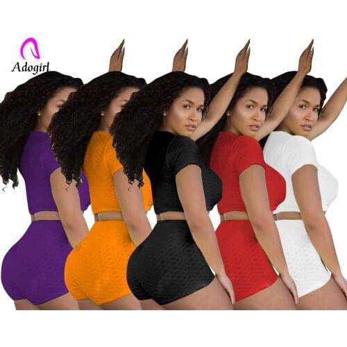 Fitness Solid Women 2 Piece Set Tight Crop Top Skinny Biker Shorts Sporty Plain Color Outfits Workout Activewear Slim Tracksuit