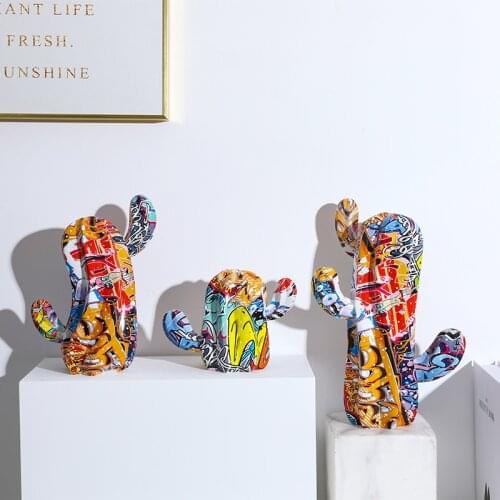 Creative Modern Graffiti Fashion Plant Color Cactus Colorful Resin Crafts Decoration Living Room Bedroom Study Home Decor