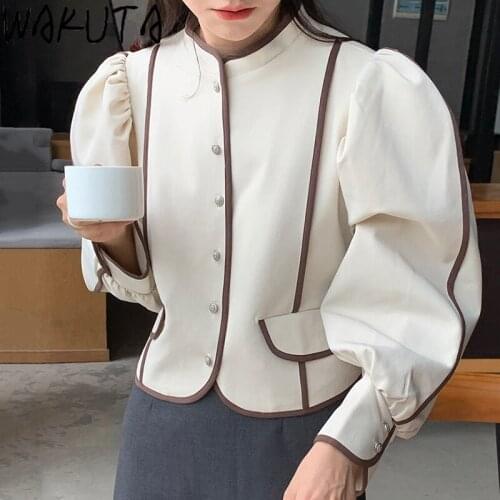 WAKUTA Crop Puffer Jacket Women Chic Stand Neck Lined Vintage Designer Short Puff Sleeve Korean Coats Ladies Elegant New Autumn