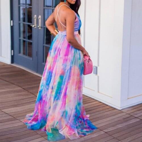Fashion Elegant Sleeveless Sling Party Dress Sexy Deep V Backless Lady Maxi Dresses Sundress Casual Tie-Dye Print Women Beach