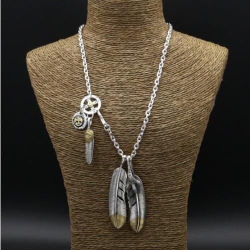 56.9g Solid 925 Sterling Silver Long Necklace Men Vintage Indian Style Gold Eye & Claw Feather Charms Designer Jewelry Men Gifts