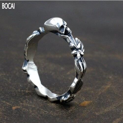 BOCAI 2021 Fashion New Rose Flower Skull Man and Woman Ring 925 Silver Exquisite Gothic Wind Tail Ring for Man