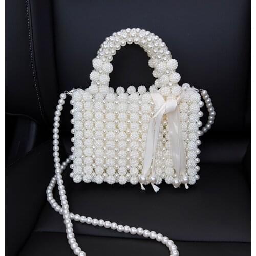 2021 New Handmade Beaded Hollow Pearl Bag Fashion Handbag Woven Mini Bucket Bag Solid Color Diagonal Mobile Phone Coin Purse