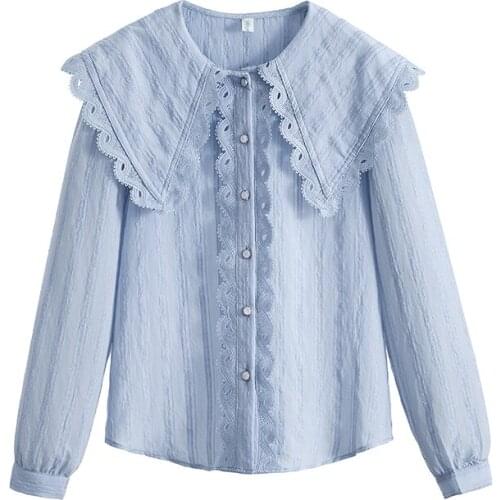 Solid Color White Blue Cute Sweet Shirts Plus Large Size Clothes 2021 Oversize Spring Autumn Feminina WomenS Top Blouse D0696