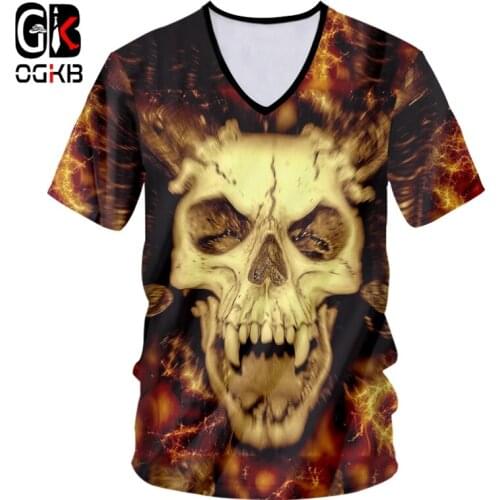 OGKB V-neck Tshirt Women/men Cool Print Flame Skull King 3D T-shirt Terror T Shirts Unisex Slim Fit Short Sleeve Casual Tees 7XL
